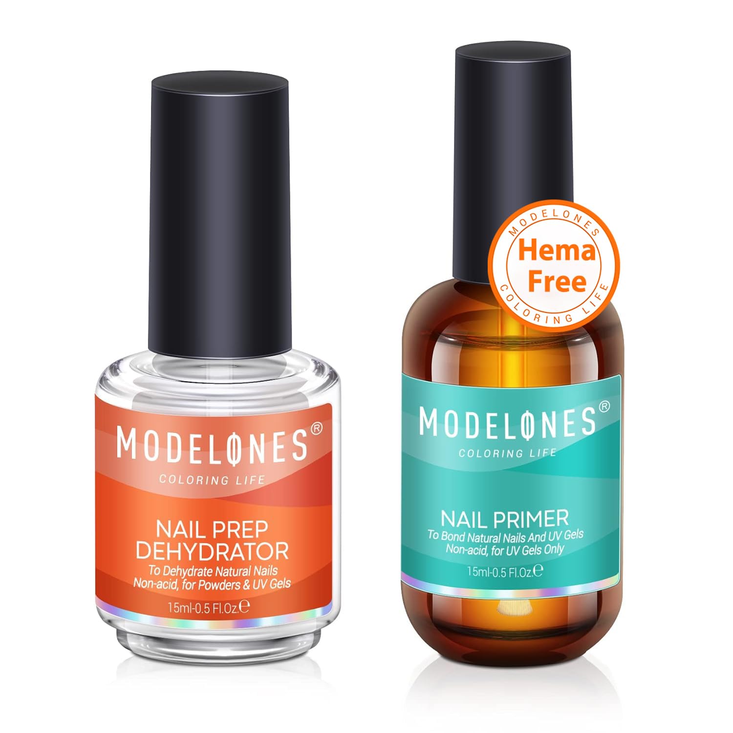 modelones 15 ml Nail Dehydrator and Primer, Acid Free Base Coat Natural Nail Prep Dehydrate & Bond Primer Kit, Hema-Free Acrylic Nail Supplies Primer