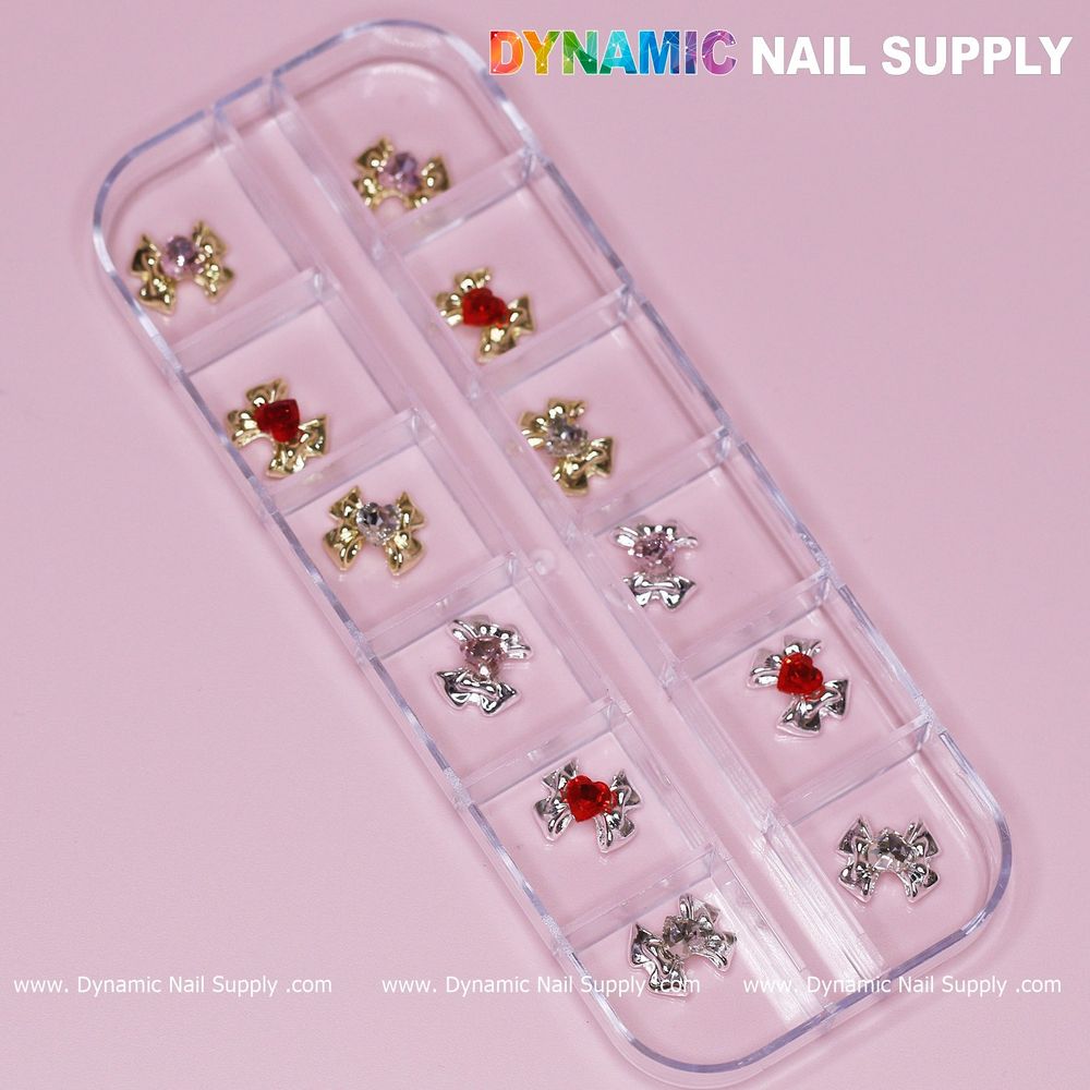 3D bow heart rhinestone nail charms - 2